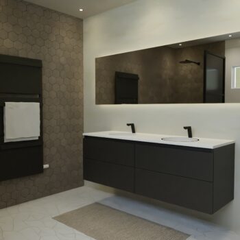 Maatwerk design wastafel onderkast, gemaakt van Zwart melamine of gespoten mdf met een blad van solid surface en 2 waskommen van Solid Surface. Het front te openen d.m.v. Greeplijst boven