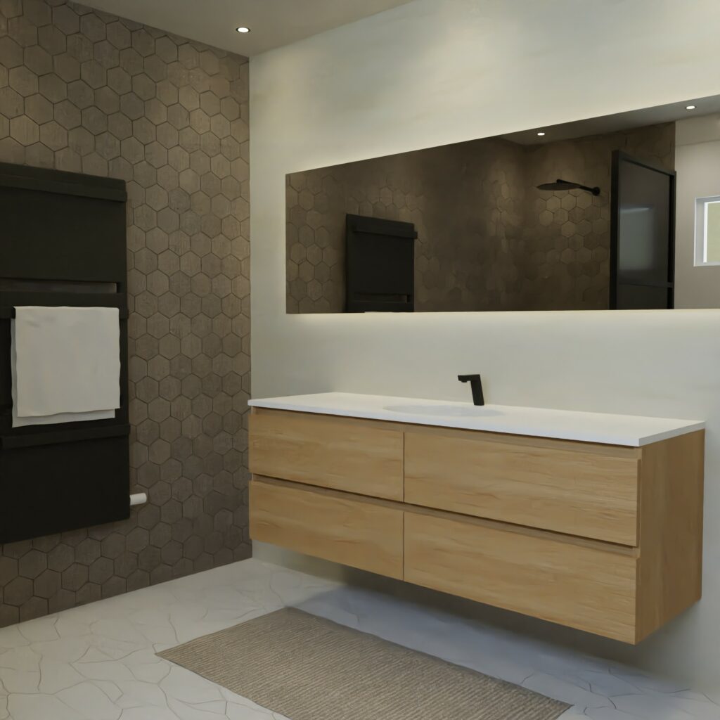 Maatwerk design badmeubel, gemaakt van eiken hout fineer of eiken hout massief met een blad van solid surface en 1 waskom van Solid Surface. Het front te openen d.m.v. Greeplijst boven en midden