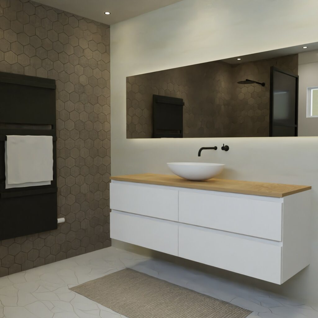 Maatwerk design badkamermeubel, gemaakt van Wit melamine of gespoten mdf met een blad van eiken en 1 waskom van Solid Surface. Het front te openen d.m.v. Greeplijst boven en midden