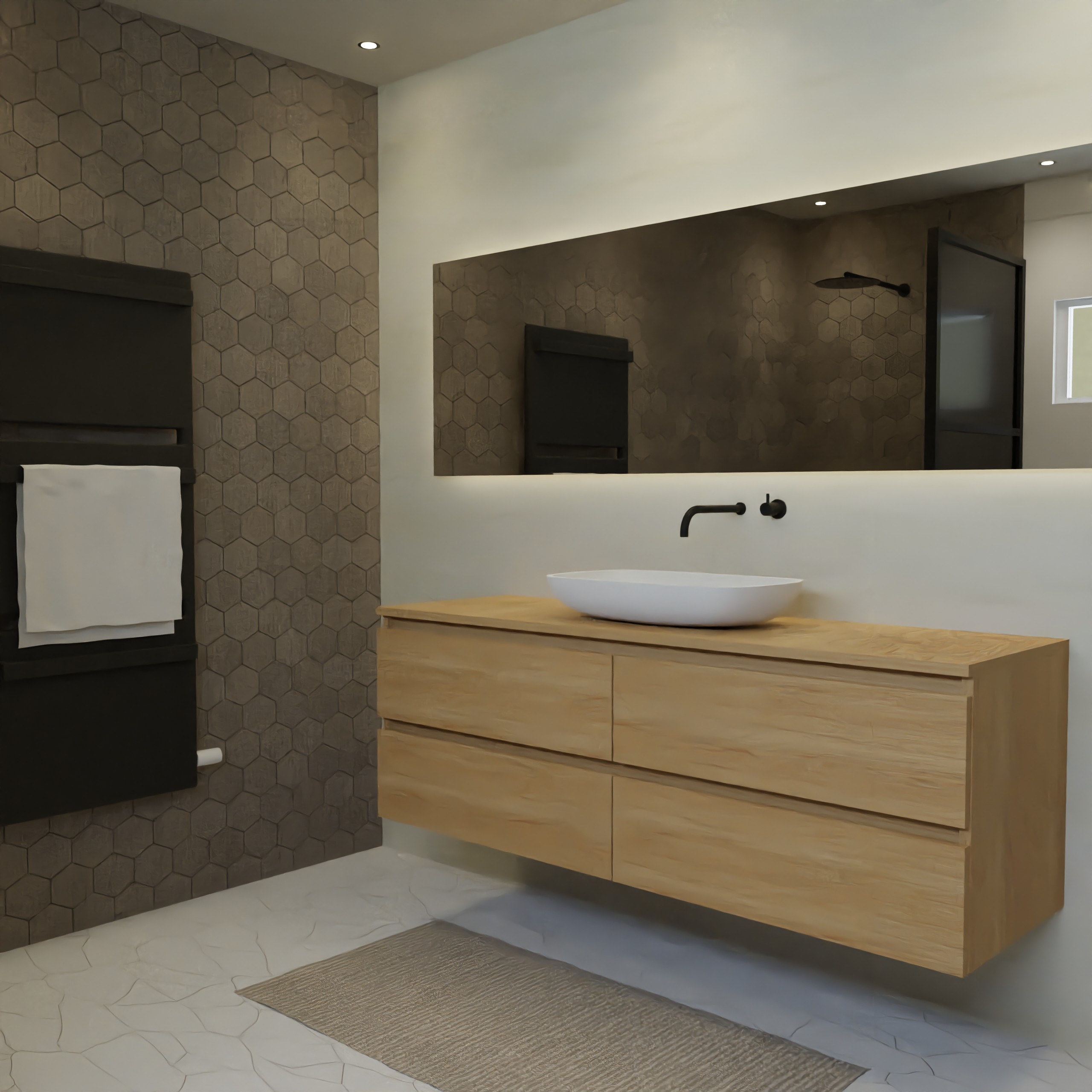 Maatwerk design badmeubel, gemaakt van eiken hout fineer of eiken hout massief met een blad van eiken en 1 waskom van Solid Surface. Het front te openen d.m.v. Greeplijst boven en midden