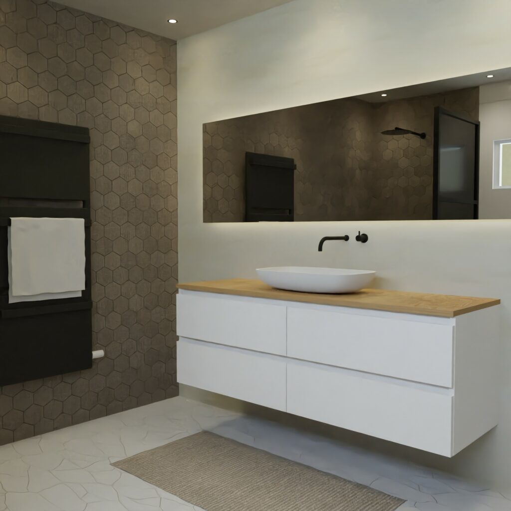Maatwerk design badkamermeubel, gemaakt van Wit melamine of gespoten mdf met een blad van eiken en 1 waskom van Solid Surface. Het front te openen d.m.v. Greeplijst boven en midden
