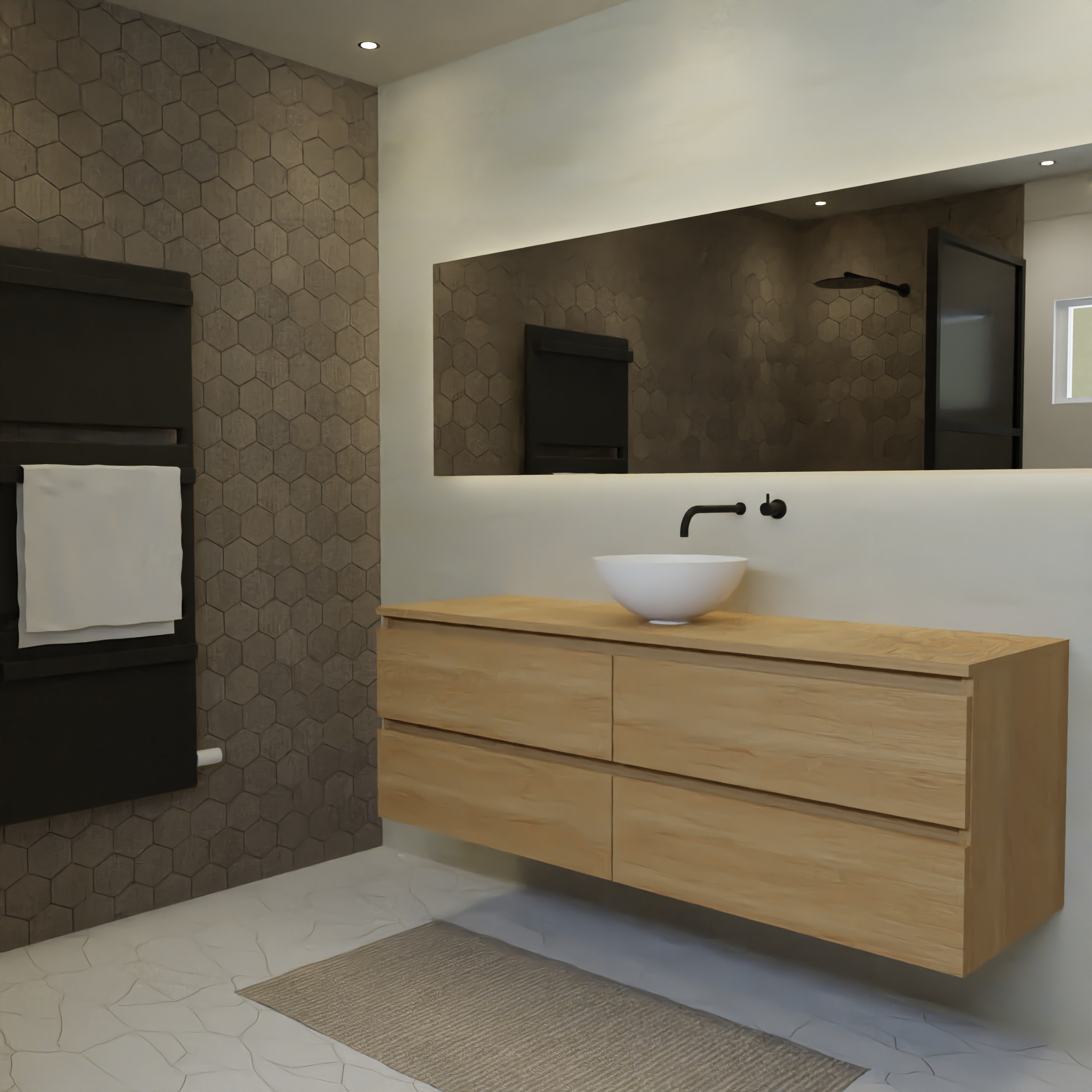 Maatwerk design badmeubel, gemaakt van eiken hout fineer of eiken hout massief met een blad van eiken en 1 waskom van Solid Surface. Het front te openen d.m.v. Greeplijst boven en midden