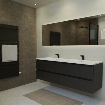 Maatwerk design wastafelkast, gemaakt van Zwart melamine of gespoten mdf met een blad van solid surface en 2 waskommen van Solid Surface. Het front te openen d.m.v. Greeplijst boven en midden