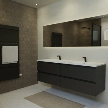 Maatwerk design badkamermeubel, gemaakt van Zwart melamine of gespoten mdf met een blad van solid surface en 2 waskommen van Solid Surface. Het front te openen d.m.v. Greeplijst boven en midden