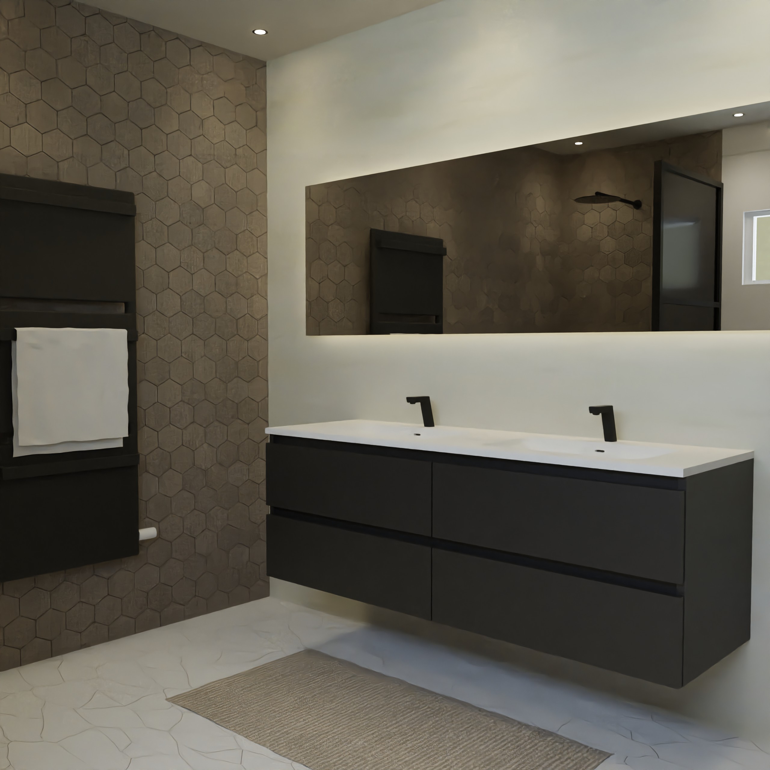 Maatwerk design badkamermeubel, gemaakt van Zwart melamine of gespoten mdf met een blad van solid surface en 2 waskommen van Solid Surface. Het front te openen d.m.v. Greeplijst boven en midden