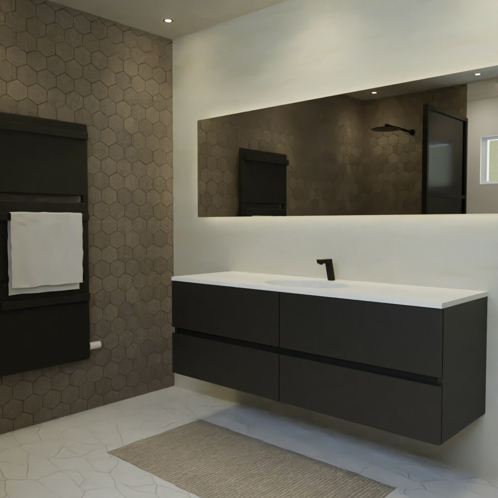Maatwerk design wastafelmeubel, gemaakt van Zwart melamine of gespoten mdf met een blad van solid surface en 1 waskom van Solid Surface. Het front te openen d.m.v. Greeplijst midden