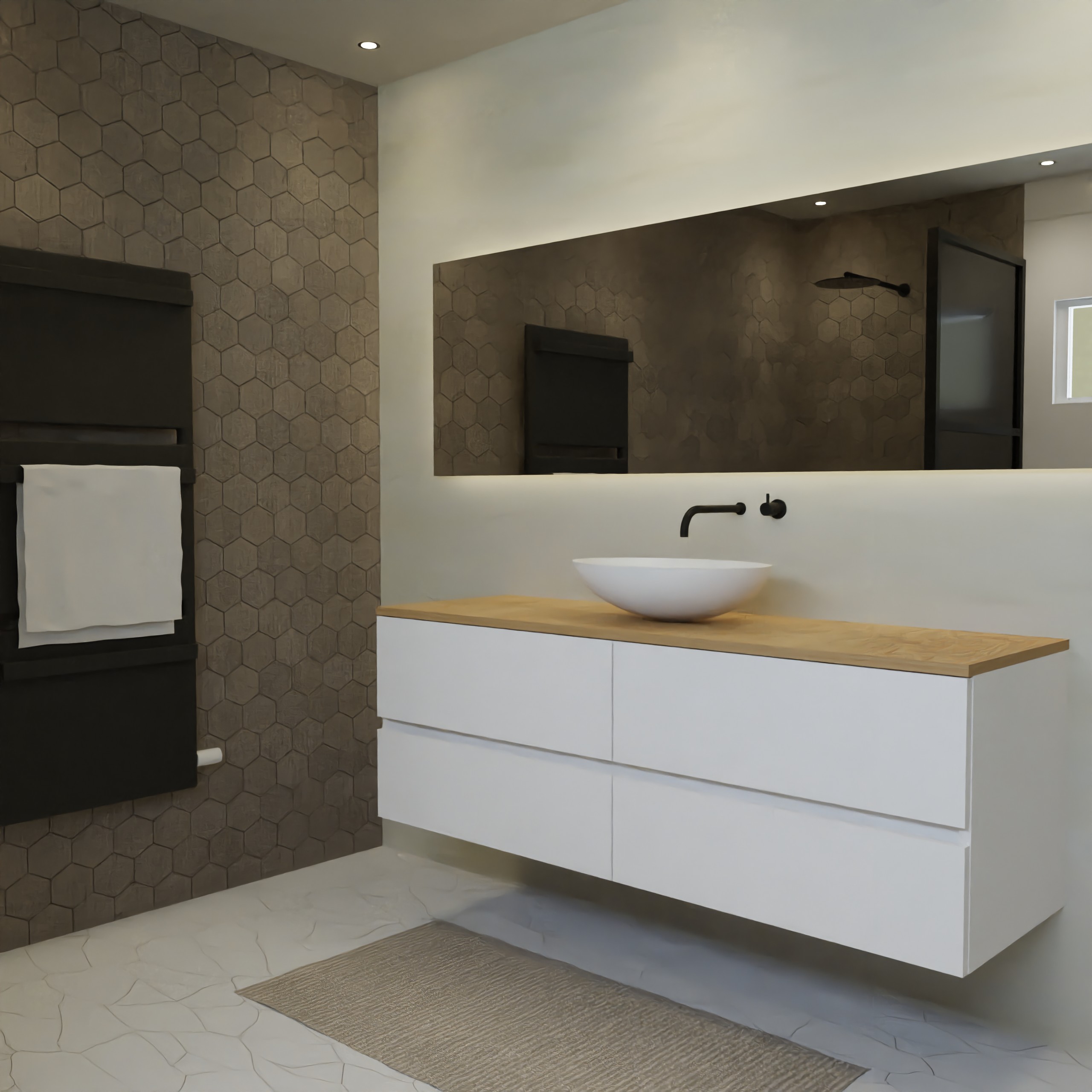 Maatwerk design wastafelkast, gemaakt van Wit melamine of gespoten mdf met een blad van eiken en 1 waskom van Solid Surface. Het front te openen d.m.v. Greeplijst midden