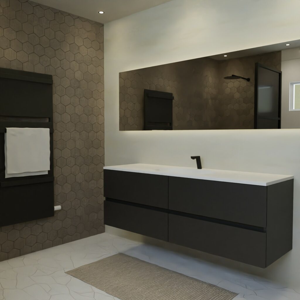Maatwerk design wastafelmeubel, gemaakt van Zwart melamine of gespoten mdf met een blad van solid surface en 1 waskom van Solid Surface. Het front te openen d.m.v. Greeplijst midden