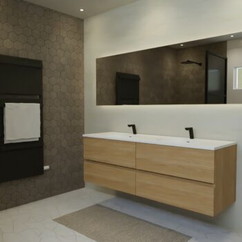 Maatwerk design badkamermeubel, gemaakt van eiken hout fineer of eiken hout massief met een blad van solid surface en 2 waskommen van Solid Surface. Het front te openen d.m.v. Greeplijst midden