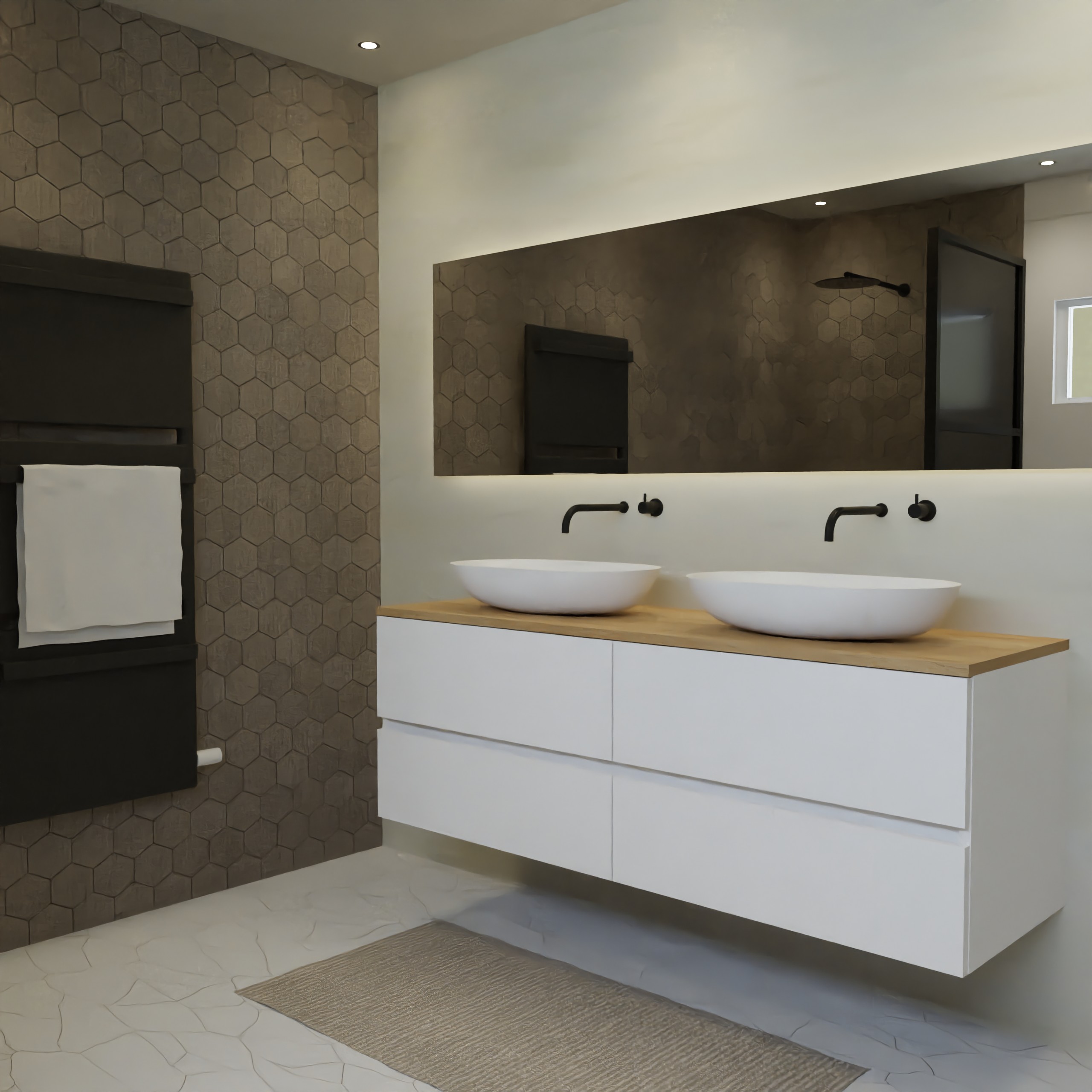 Maatwerk design wastafel onderkast, gemaakt van Wit melamine of gespoten mdf met een blad van eiken en 2 waskommen van Solid Surface. Het front te openen d.m.v. Greeplijst midden