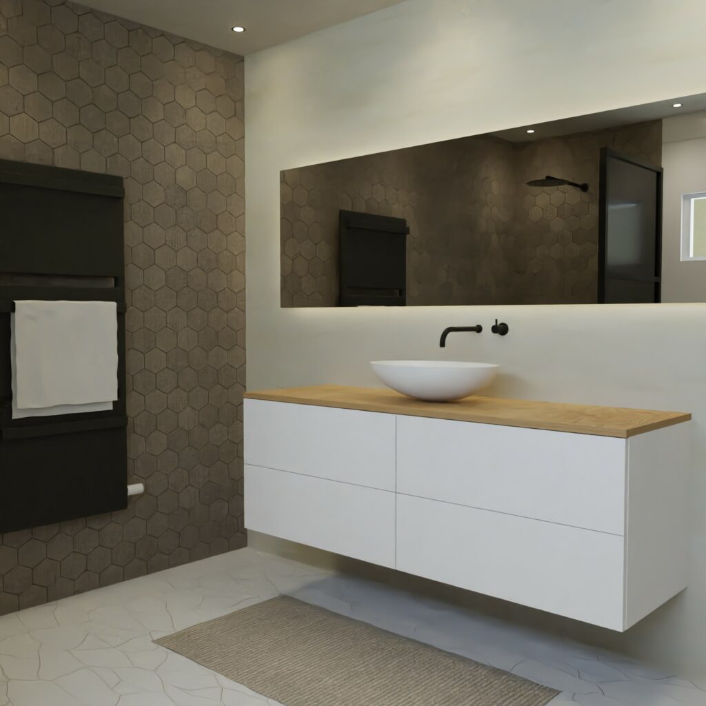 Maatwerk design wastafelmeubel, gemaakt van Wit melamine of gespoten mdf met een blad van eiken en 1 waskom van Solid Surface. Het front te openen d.m.v. Push to Open