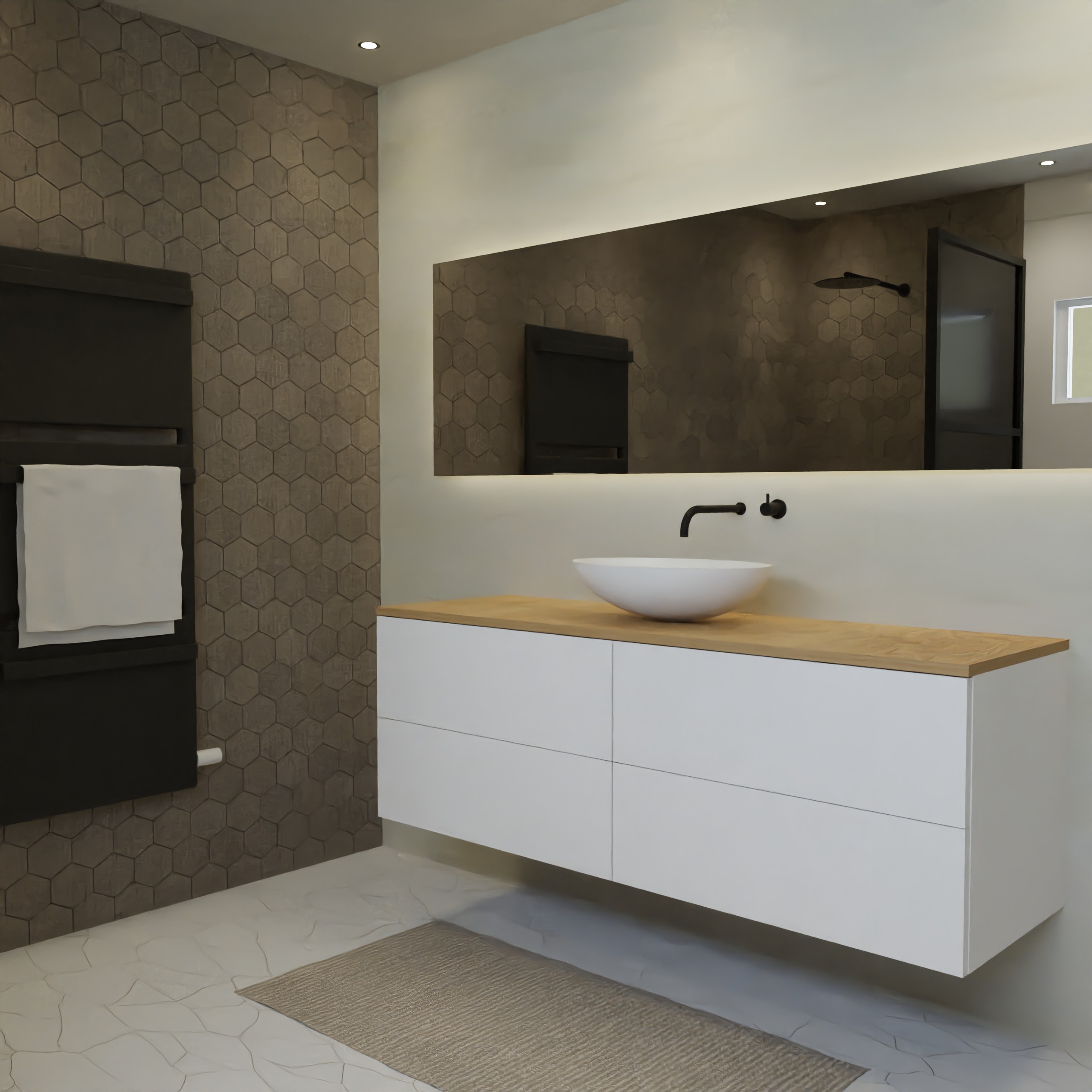 Maatwerk design wastafelmeubel, gemaakt van Wit melamine of gespoten mdf met een blad van eiken en 1 waskom van Solid Surface. Het front te openen d.m.v. Push to Open