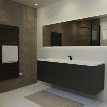 Maatwerk design badkamermeubel, gemaakt van Zwart melamine of gespoten mdf met een blad van solid surface en 1 waskom van Solid Surface. Het front te openen d.m.v. Push to Open