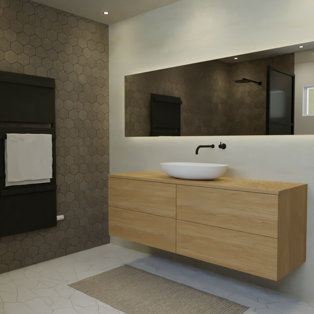 Maatwerk design wastafelkast, gemaakt van eiken hout fineer of eiken hout massief met een blad van eiken en 1 waskom van Solid Surface. Het front te openen d.m.v. Push to Open