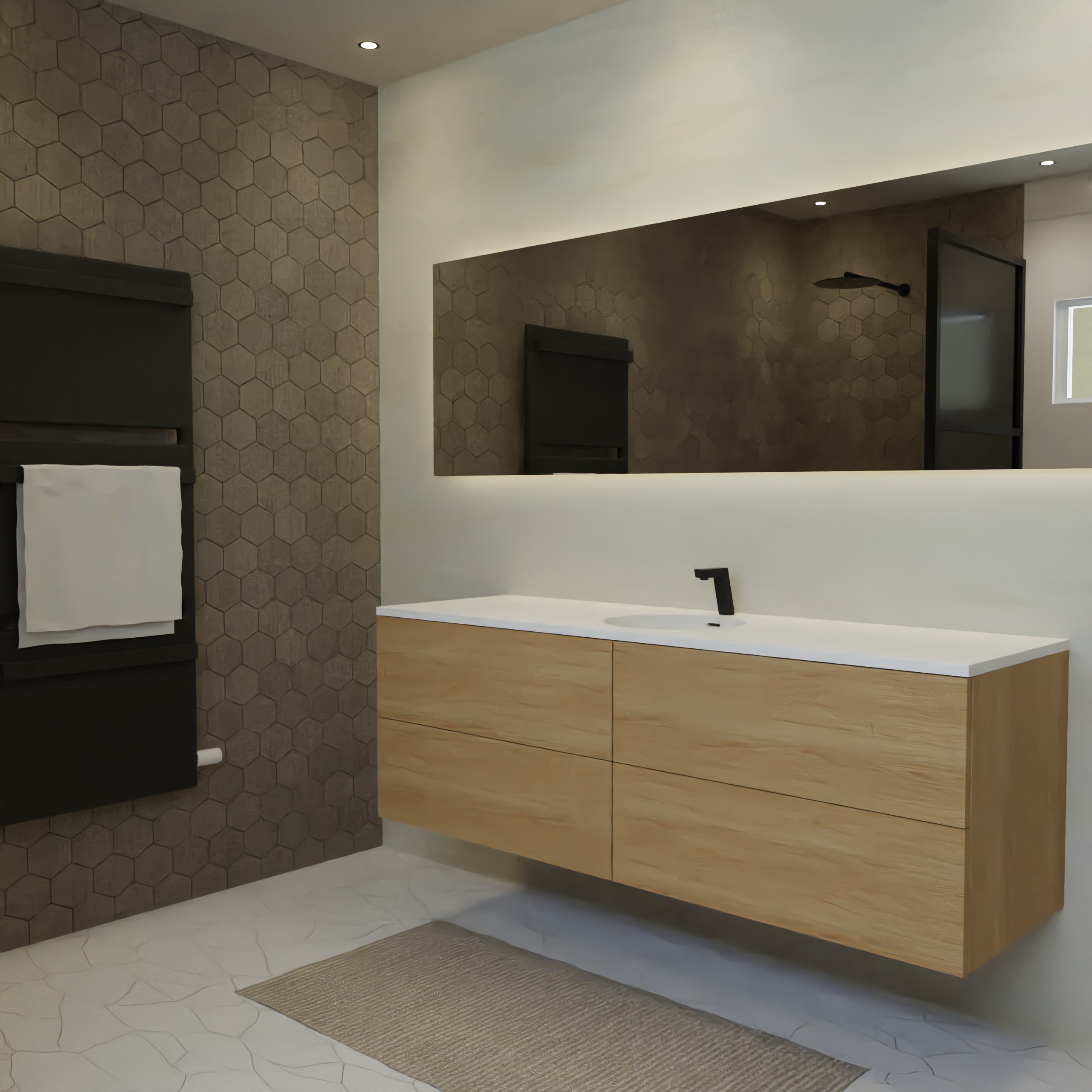 Maatwerk design badkamermeubel, gemaakt van eiken hout fineer of eiken hout massief met een blad van solid surface en 1 waskom van Solid Surface. Het front te openen d.m.v. Push to Open