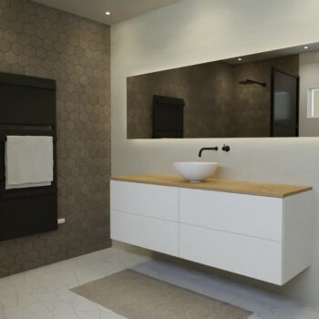 Maatwerk design badmeubel, gemaakt van Wit melamine of gespoten mdf met een blad van eiken en 1 waskom van Solid Surface. Het front te openen d.m.v. Push to Open