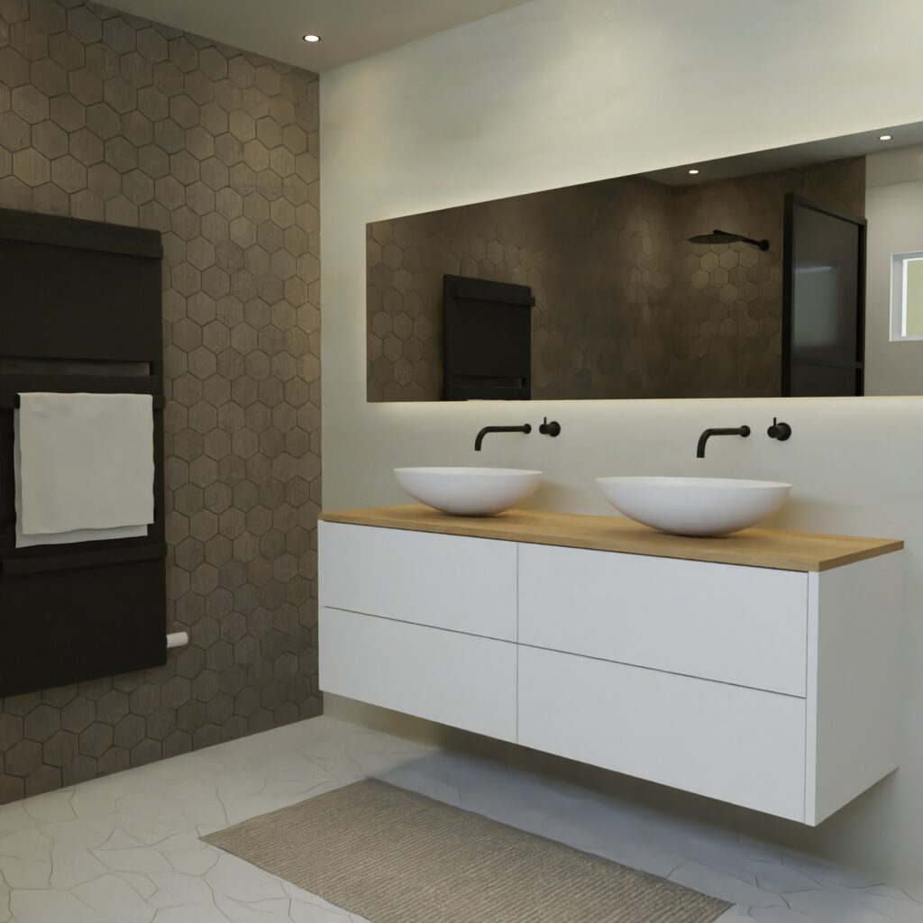 Maatwerk design wastafelmeubel, gemaakt van Wit melamine of gespoten mdf met een blad van eiken en 2 waskommen van Solid Surface. Het front te openen d.m.v. Push to Open