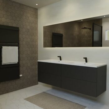 Maatwerk design badmeubel, gemaakt van Zwart melamine of gespoten mdf met een blad van solid surface en 2 waskommen van Solid Surface. Het front te openen d.m.v. Push to Open