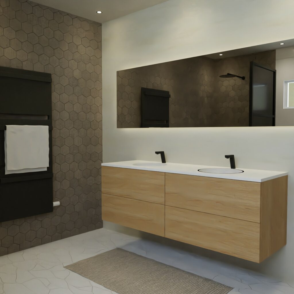 Maatwerk design wastafelmeubel, gemaakt van eiken hout fineer of eiken hout massief met een blad van solid surface en 2 waskommen van Solid Surface. Het front te openen d.m.v. Push to Open