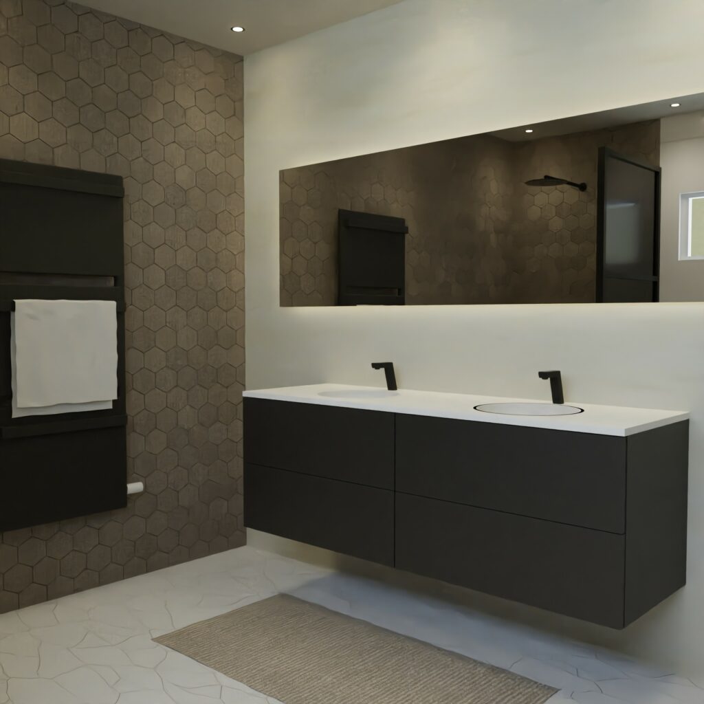 Maatwerk design wastafelmeubel, gemaakt van Zwart melamine of gespoten mdf met een blad van solid surface en 2 waskommen van Solid Surface. Het front te openen d.m.v. Push to Open
