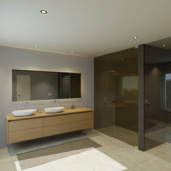 Maatwerk design badkamermeubel, gemaakt van eiken hout fineer of eiken hout massief met een blad van eiken en 2 waskommen van Solid Surface. Het front te openen d.m.v. Greeplijst boven