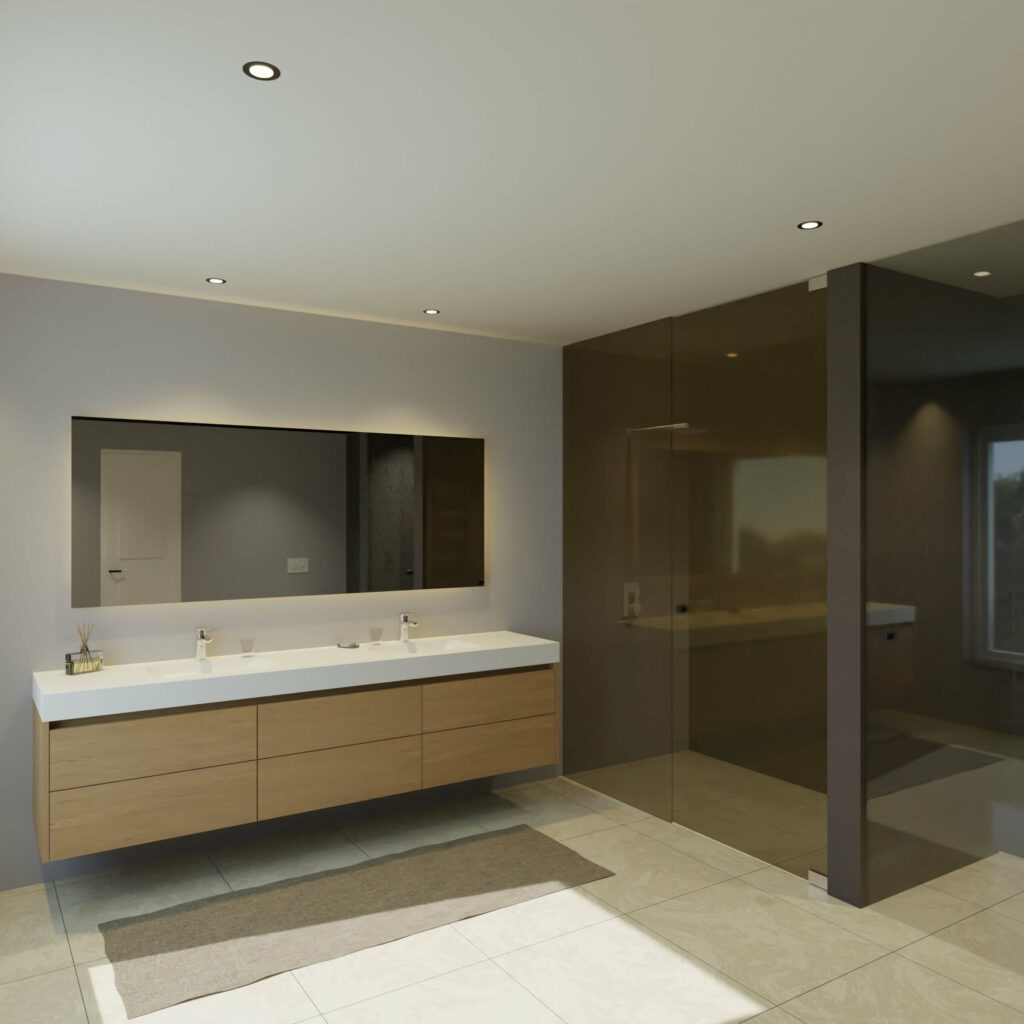 Maatwerk design wastafelmeubel, gemaakt van eiken hout fineer of eiken hout massief met een blad van solid surface en 2 waskommen van Solid Surface. Het front te openen d.m.v. Greeplijst boven