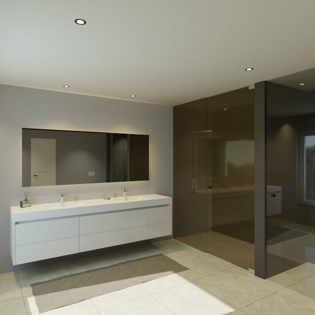 Maatwerk design wastafelmeubel, gemaakt van Wit melamine of gespoten mdf met een blad van solid surface en 2 waskommen van Solid Surface. Het front te openen d.m.v. Greeplijst boven