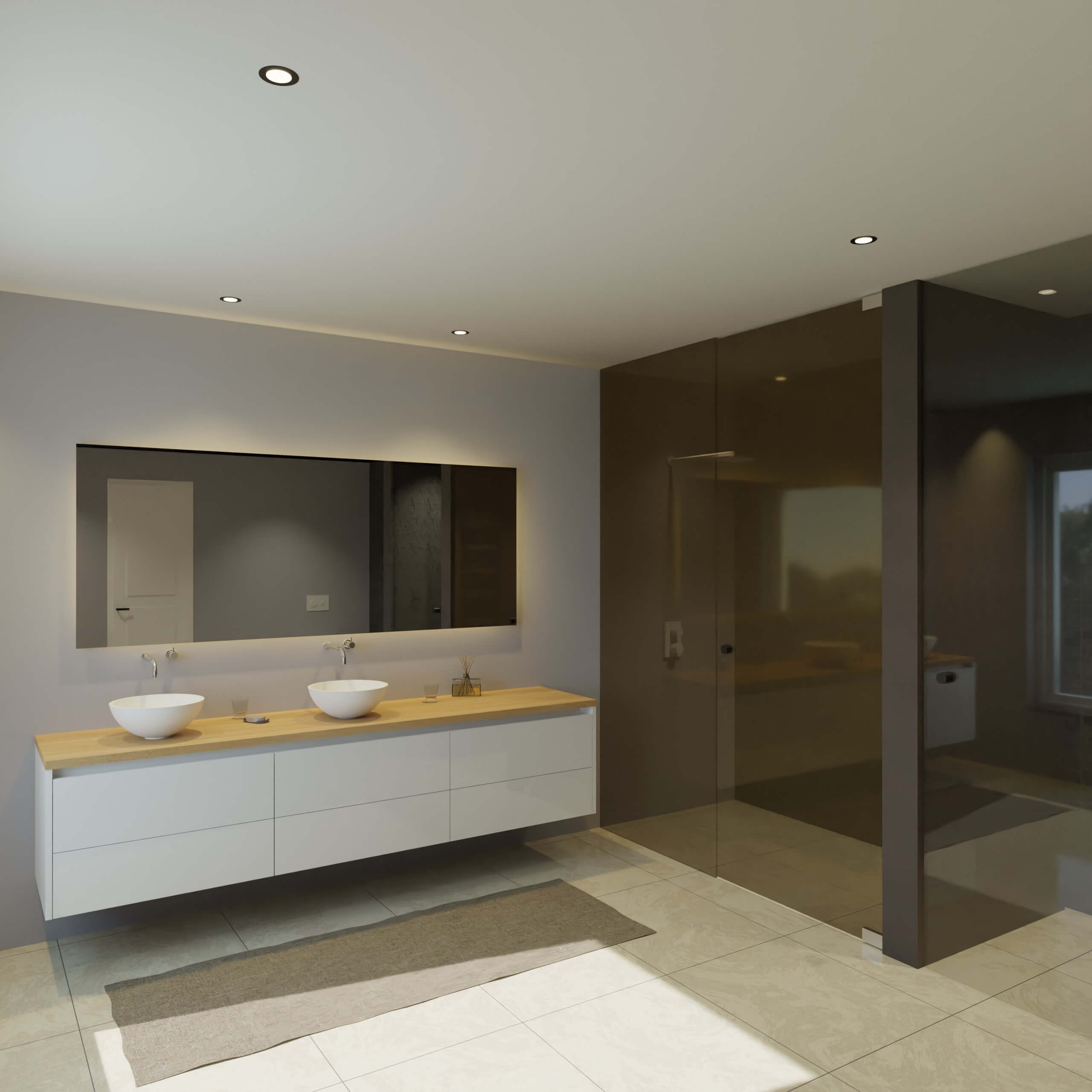 Maatwerk design badmeubel, gemaakt van Wit melamine of gespoten mdf met een blad van eiken en 2 waskommen van Solid Surface. Het front te openen d.m.v. Greeplijst boven