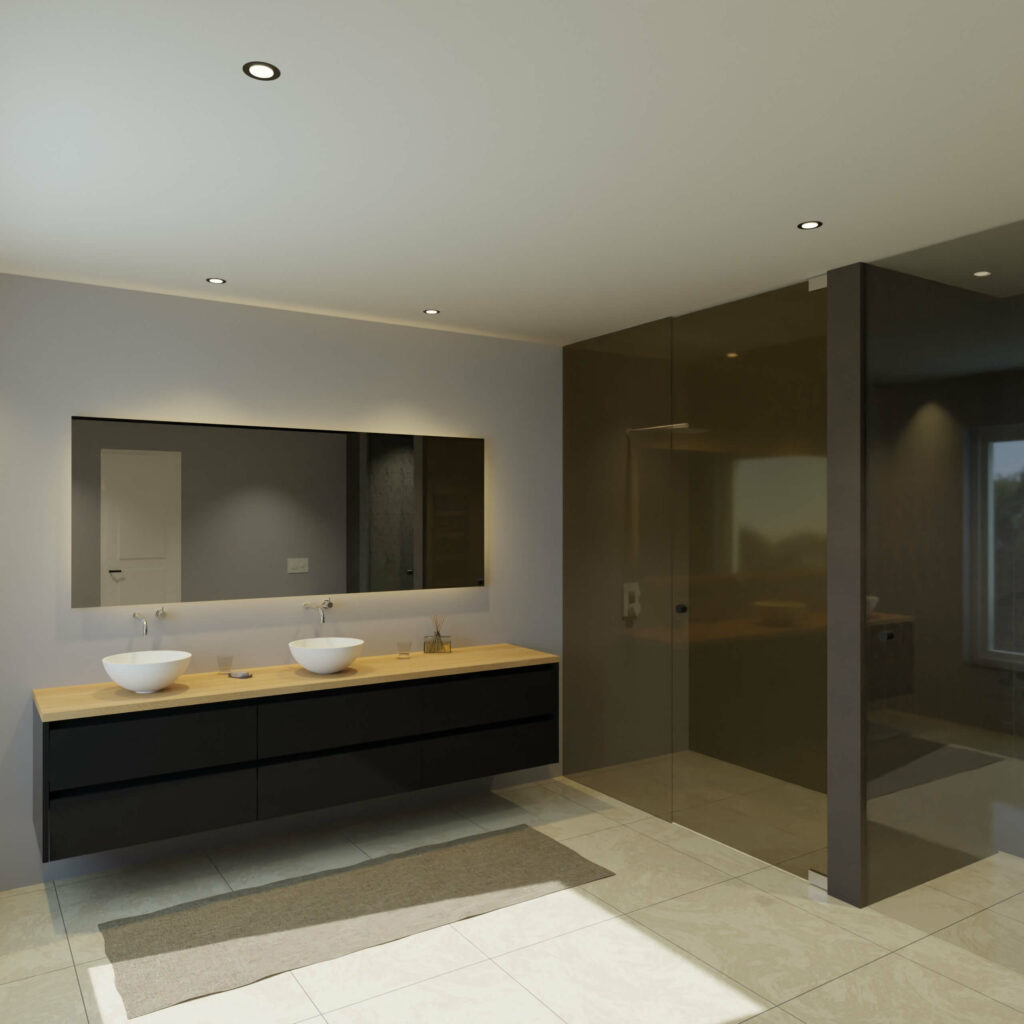 Maatwerk design wastafelkast, gemaakt van Zwart melamine of gespoten mdf met een blad van eiken en 2 waskommen van Solid Surface. Het front te openen d.m.v. Greeplijst boven en midden