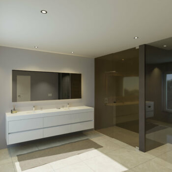 Maatwerk design wastafelkast, gemaakt van Wit melamine of gespoten mdf met een blad van solid surface en 2 waskommen van Solid Surface. Het front te openen d.m.v. Greeplijst midden