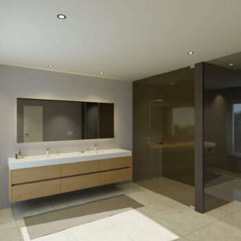 Maatwerk design badkamermeubel, gemaakt van eiken hout fineer of eiken hout massief met een blad van solid surface en 2 waskommen van Solid Surface. Het front te openen d.m.v. Greeplijst midden