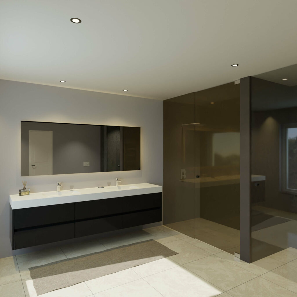 Maatwerk design badkamermeubel, gemaakt van Zwart melamine of gespoten mdf met een blad van solid surface en 2 waskommen van Solid Surface. Het front te openen d.m.v. Greeplijst midden