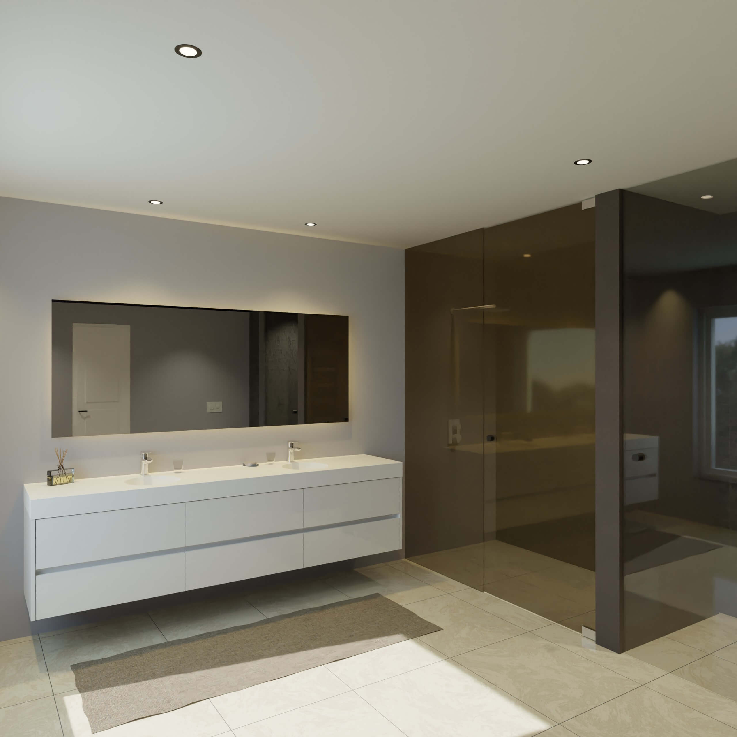 Maatwerk design wastafelmeubel, gemaakt van Wit melamine of gespoten mdf met een blad van solid surface en 2 waskommen van Solid Surface. Het front te openen d.m.v. Greeplijst midden