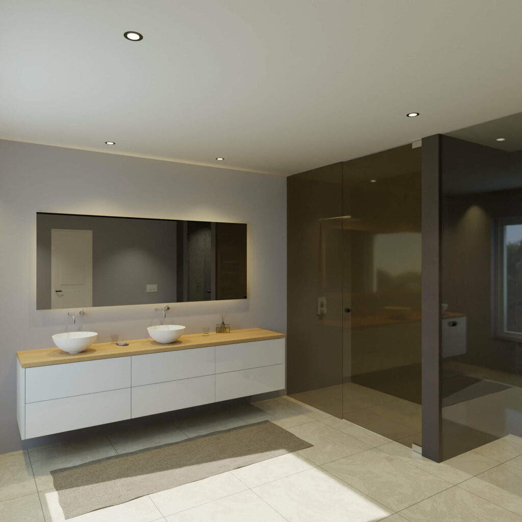 Maatwerk design wastafelkast, gemaakt van Wit melamine of gespoten mdf met een blad van eiken en 2 waskommen van Solid Surface. Het front te openen d.m.v. Push to Open