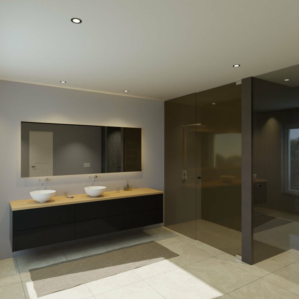 Maatwerk design badkamermeubel, gemaakt van Zwart melamine of gespoten mdf met een blad van eiken en 2 waskommen van Solid Surface. Het front te openen d.m.v. Push to Open