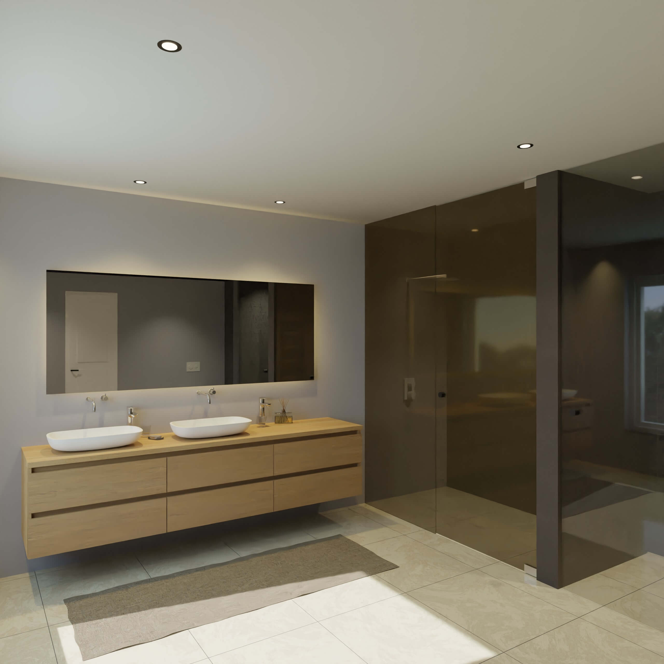 Maatwerk design wastafel onderkast, gemaakt van eiken hout fineer of eiken hout massief met een blad van eiken en 2 waskommen van Solid Surface. Het front te openen d.m.v. Greeplijst boven en midden