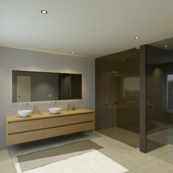 Maatwerk design wastafel onderkast, gemaakt van eiken hout fineer of eiken hout massief met een blad van eiken en 2 waskommen van Solid Surface. Het front te openen d.m.v. Greeplijst boven en midden