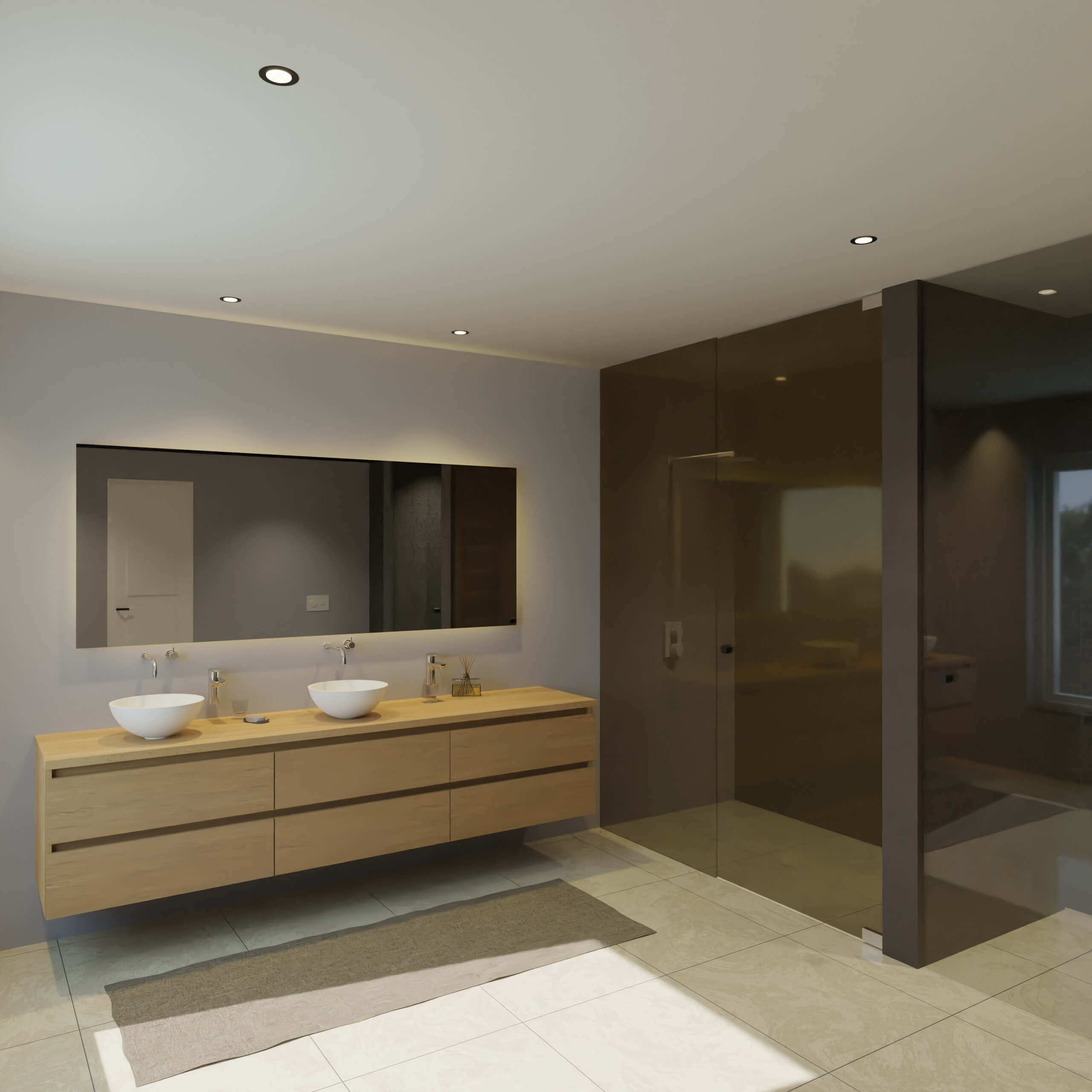 Maatwerk design wastafel onderkast, gemaakt van eiken hout fineer of eiken hout massief met een blad van eiken en 2 waskommen van Solid Surface. Het front te openen d.m.v. Greeplijst boven en midden