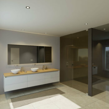 Maatwerk design wastafelkast, gemaakt van Wit melamine of gespoten mdf met een blad van eiken en 2 waskommen van Solid Surface. Het front te openen d.m.v. Greeplijst boven en midden