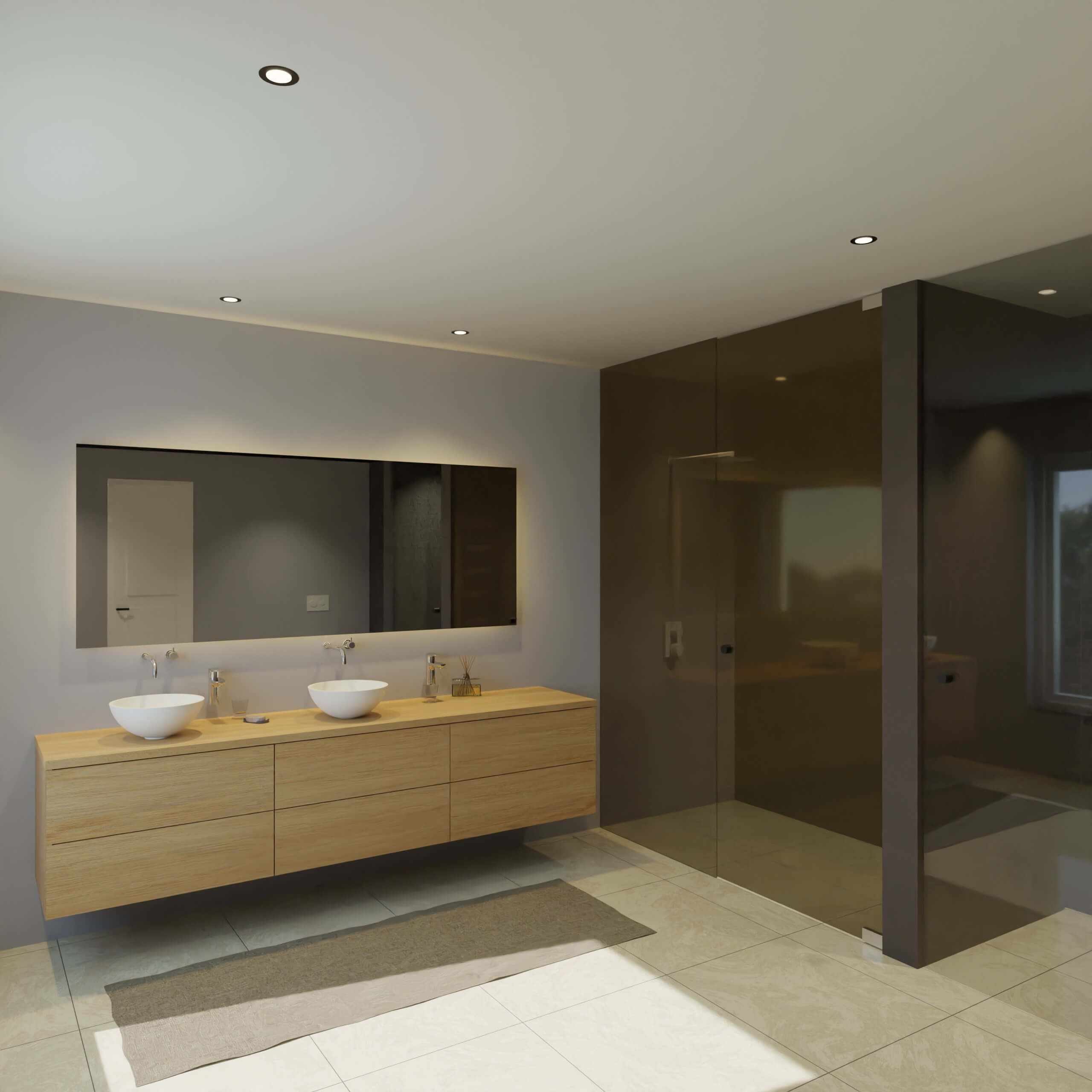 Maatwerk design badmeubel, gemaakt van eiken hout fineer of eiken hout massief met een blad van eiken en 2 waskommen van Solid Surface. Het front te openen d.m.v. Push to Open